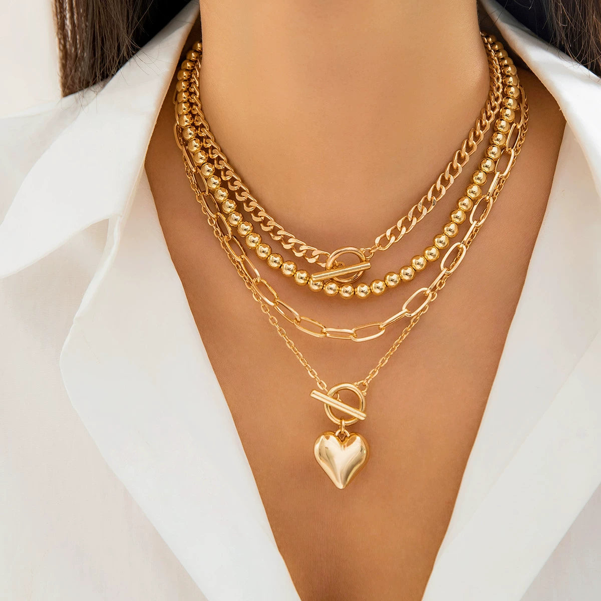 Hip hop minimalist bead set necklace women's versatile geometric OT buckle short multilayer necklace accessory