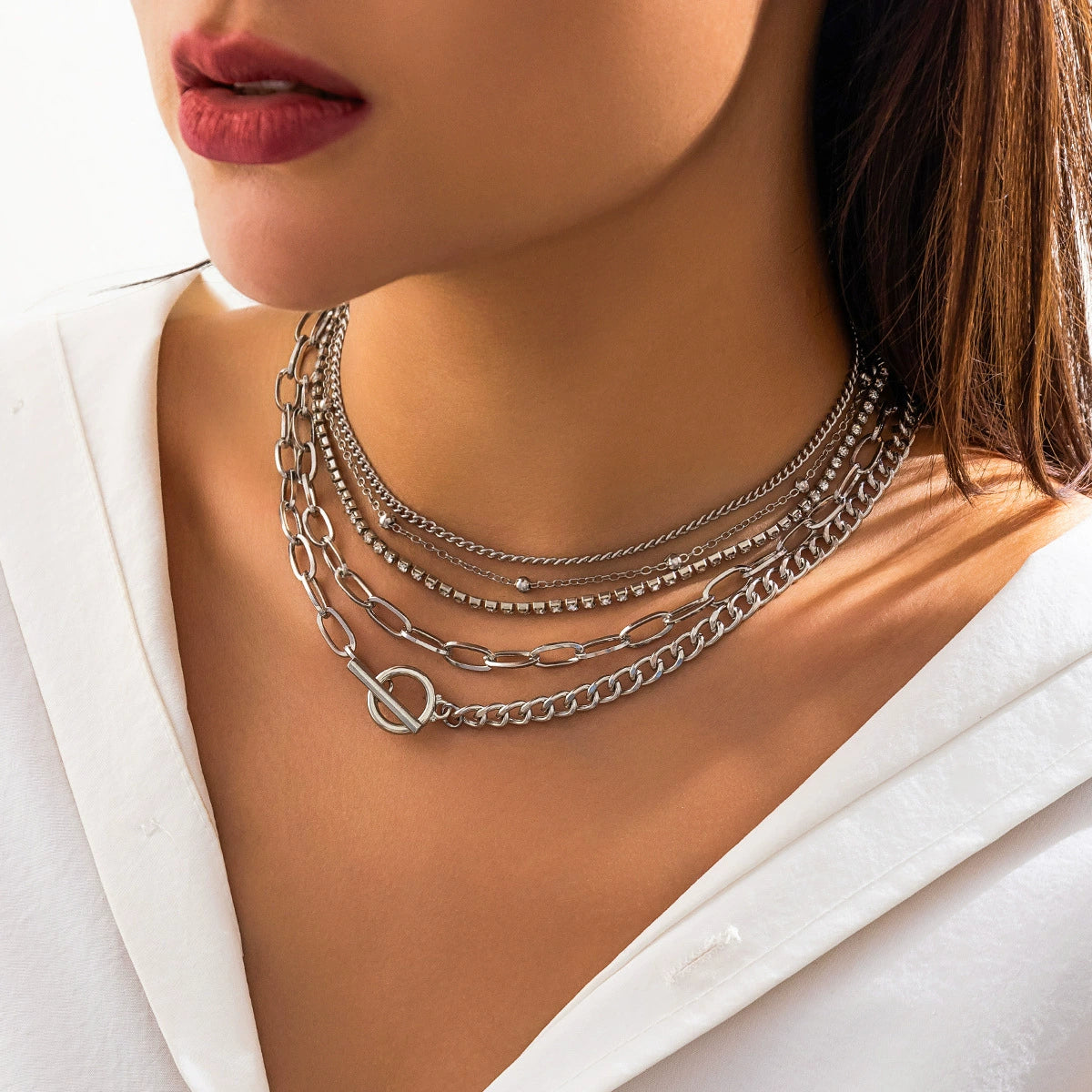 Luxury Layered Gold Necklace Set for Women – 5-Piece Mixed Chain Statement Jewelry with T-Bar Clasp collection chain necklace choker set
