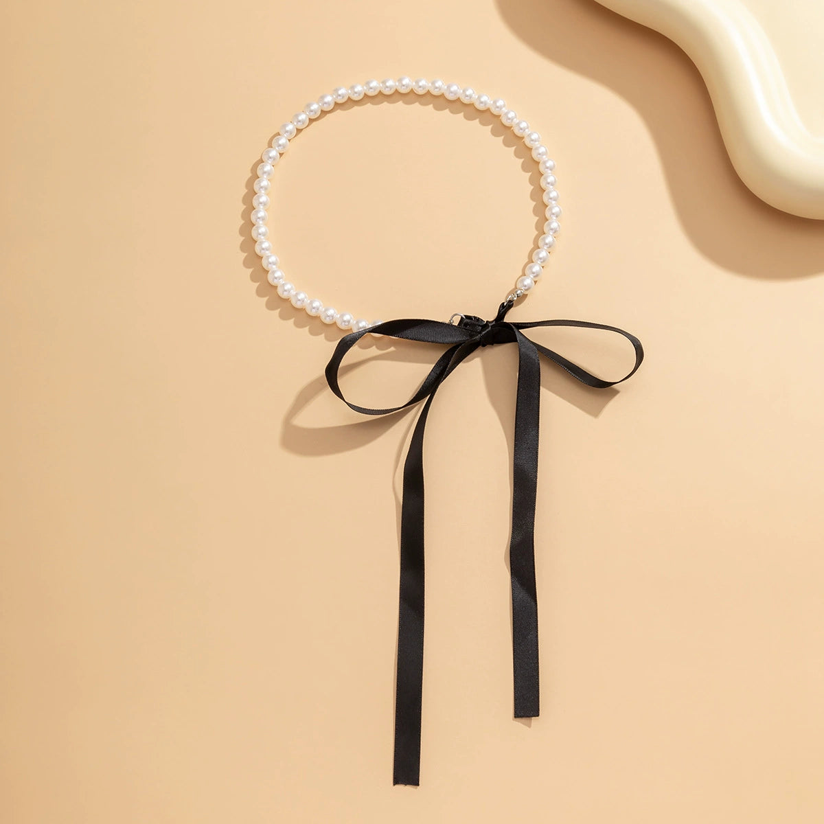 Vintage long bow collarbone chain necklace DIY lace up velvet pearl necklace for women