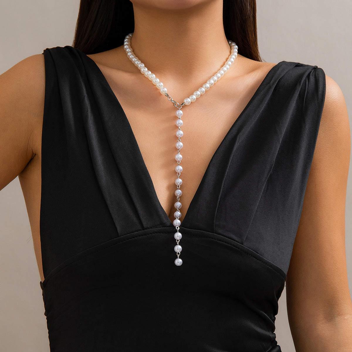 Retro round bead chain bead necklace, simple imitation pearl tassel long style, niche necklace