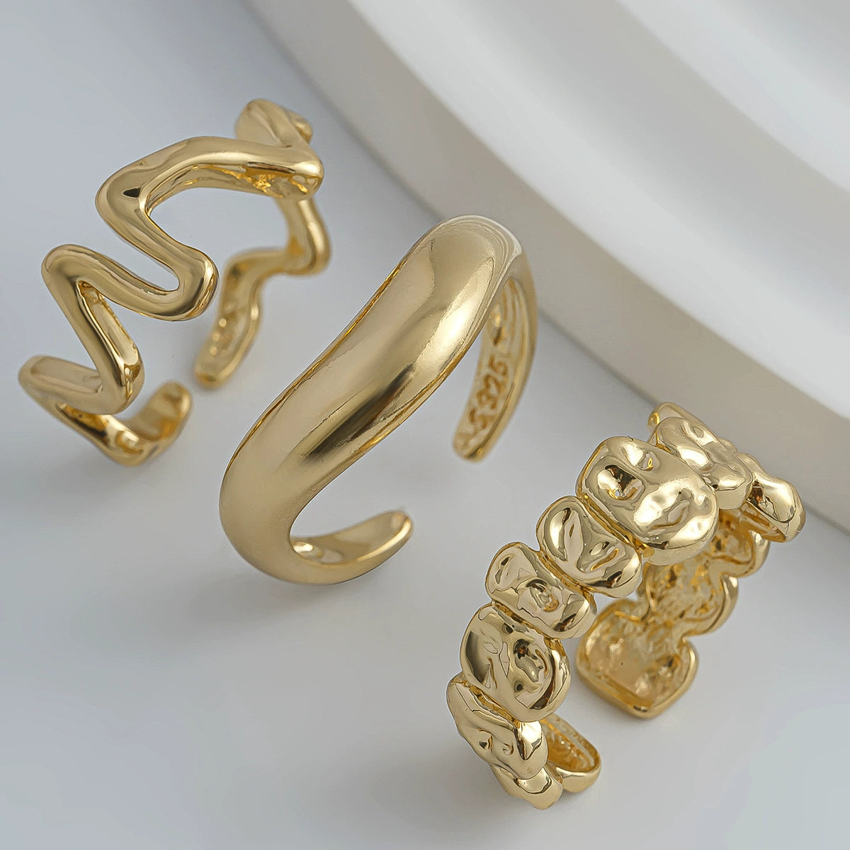 Geometric Metal Wind Lava Line Ring Set Irregular Smooth Surface Opening Texture Retro Rings
