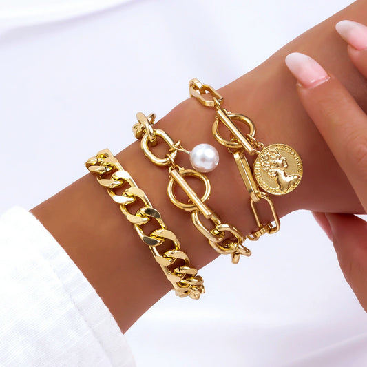Exaggerated pearl temperament  versatile collarbone adjustable chain multi-layer bead Bracelet set for women