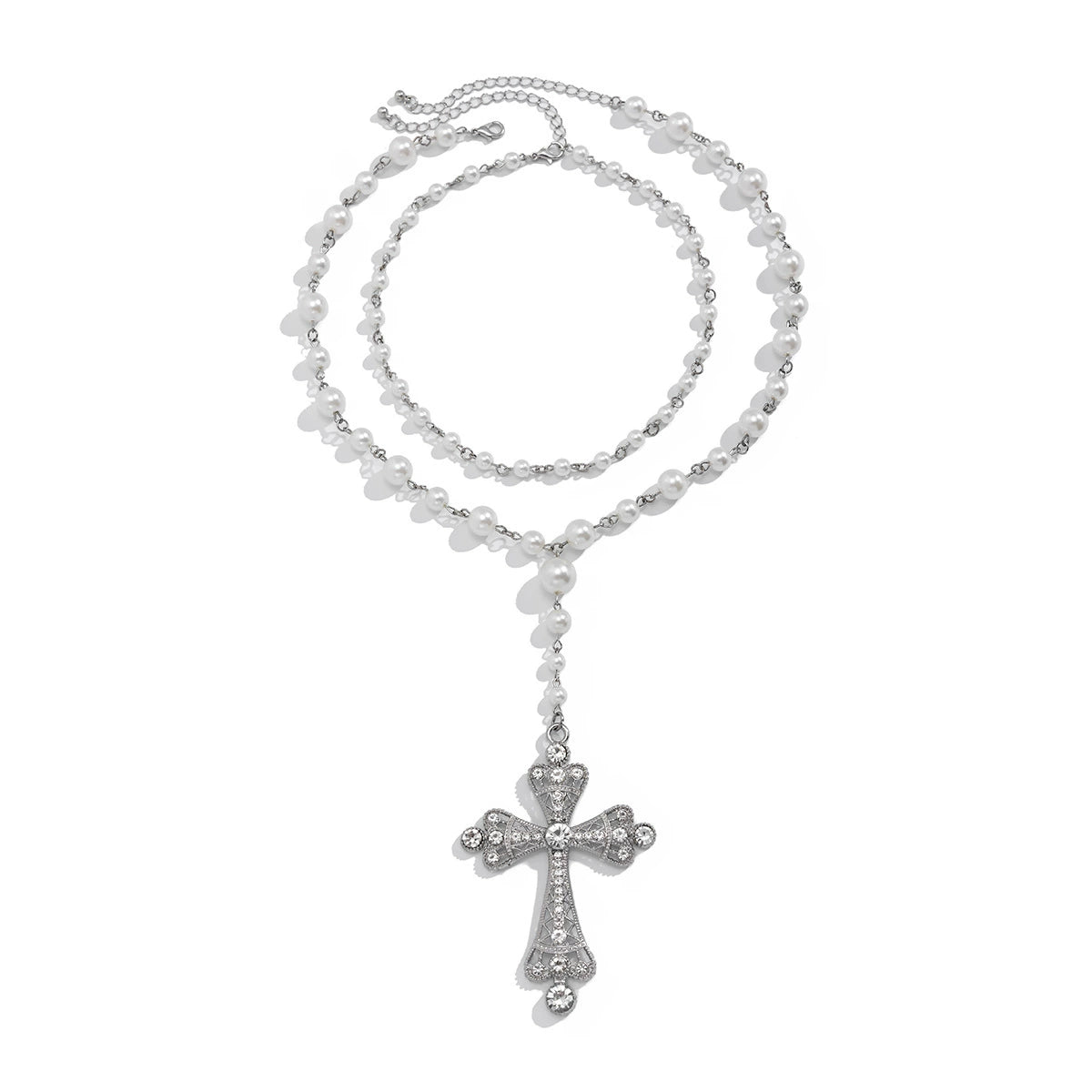 Fashionable multi-layer imitation pearl cross collar ins geometric alloy collarbone chain