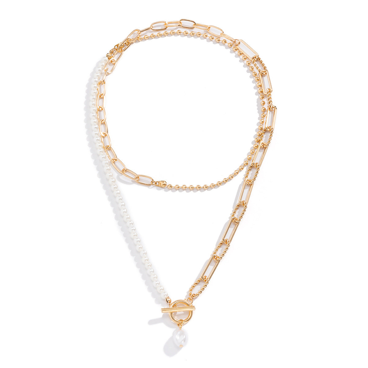 Retro pearl patchwork simple necklace with female creative temperament, round bead chain layered necklace decoration