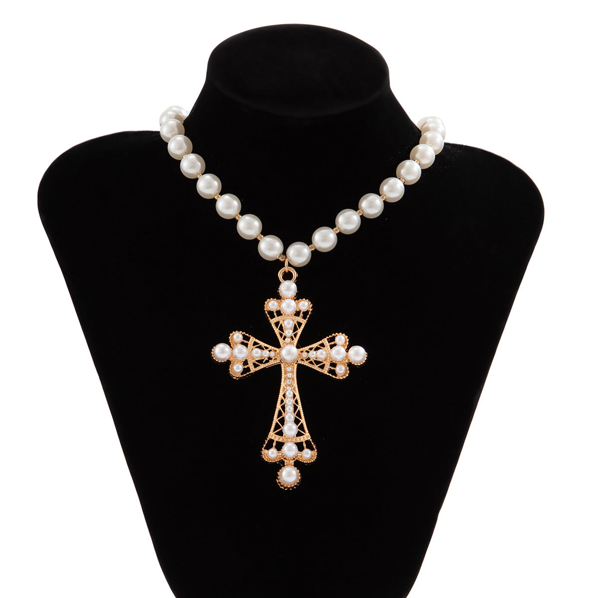 Fashionable multi-layer imitation pearl cross collar ins geometric alloy collarbone chain