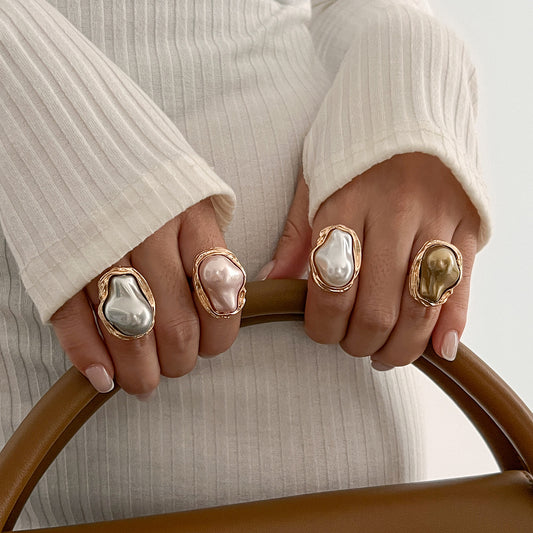 14K Gold Baroque Pearl Ring for Women – Unique Irregular adjustable Natural Pearl Statement Jewelry with Textured Band, Elegant Dainty Stackable Ring