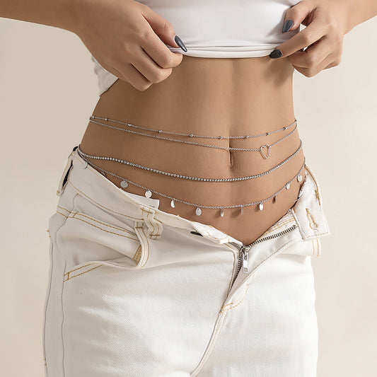 Sexy multi-layer tassel sequin silver chain waist chain street snap trendy beach rhinestone heart thin body chain