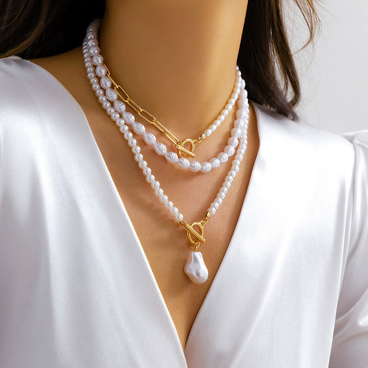 Retro pearl patchwork simple necklace with female creative temperament, round bead chain layered necklace decoration