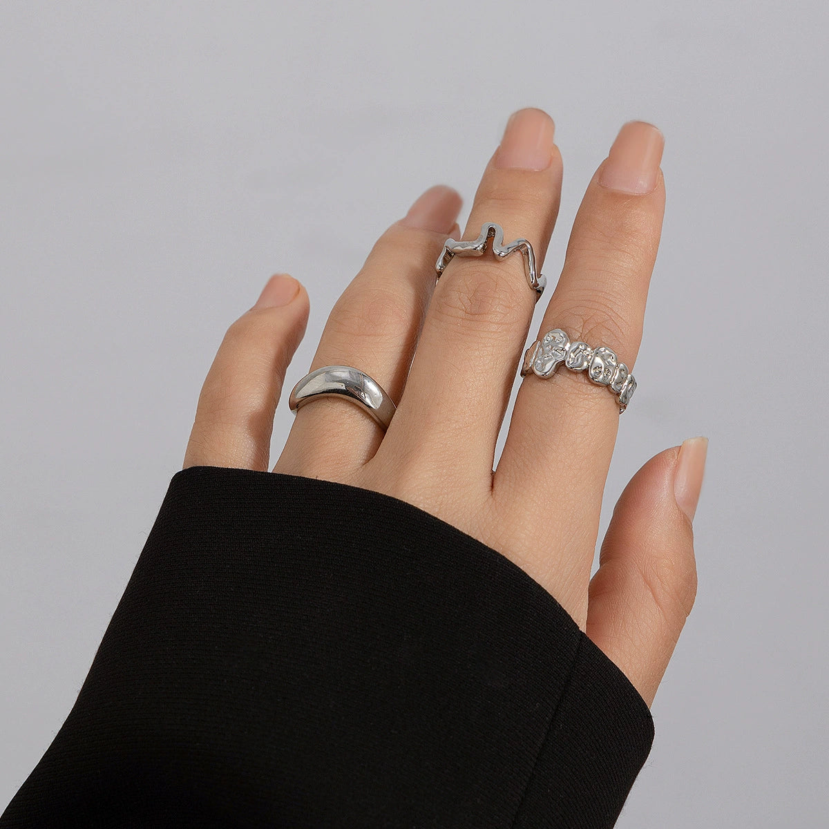 Geometric Metal Wind Lava Line Ring Set Irregular Smooth Surface Opening Texture Retro Rings