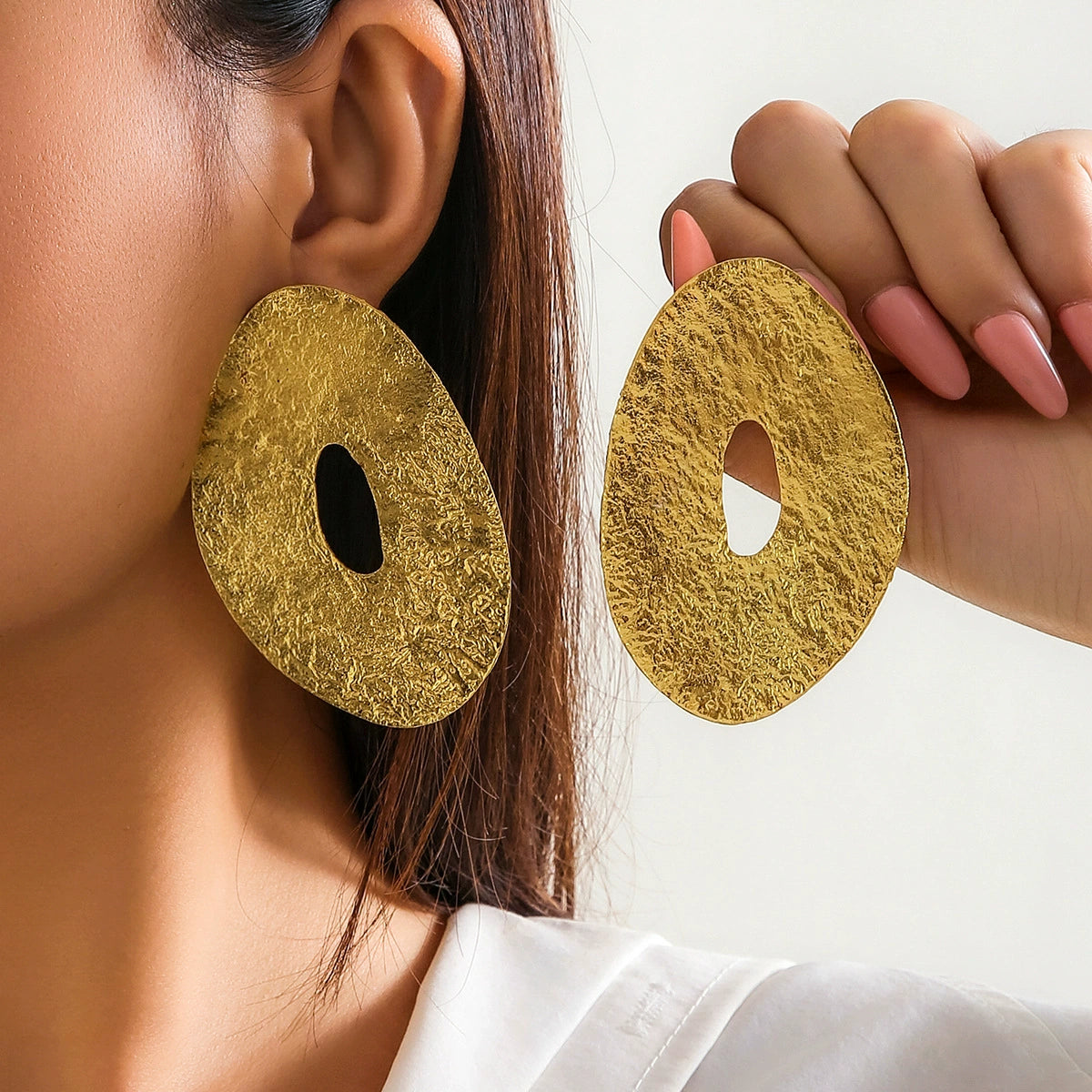 Exaggerated French round metal earrings with simple irregular texture earrings, niche