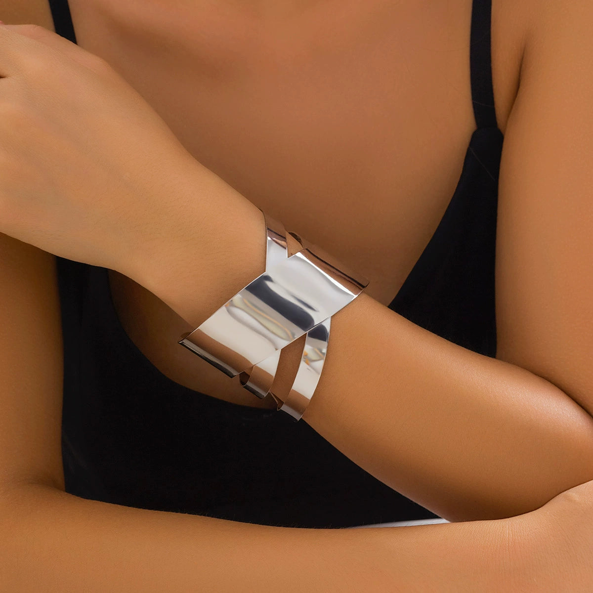 "Minimalist Geometric Silver Bracelet for Women - Modern Patchwork Cuff Bangle - Stackable Edgy Jewelry - Trendy Arm Candy for Casual Outfits - Goes with Black Tops & Denim"