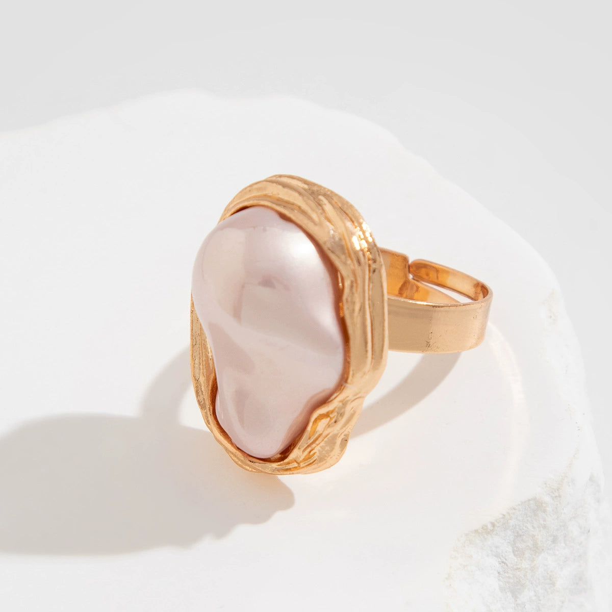 14K Gold Baroque Pearl Ring for Women – Unique Irregular adjustable Natural Pearl Statement Jewelry with Textured Band, Elegant Dainty Stackable Ring