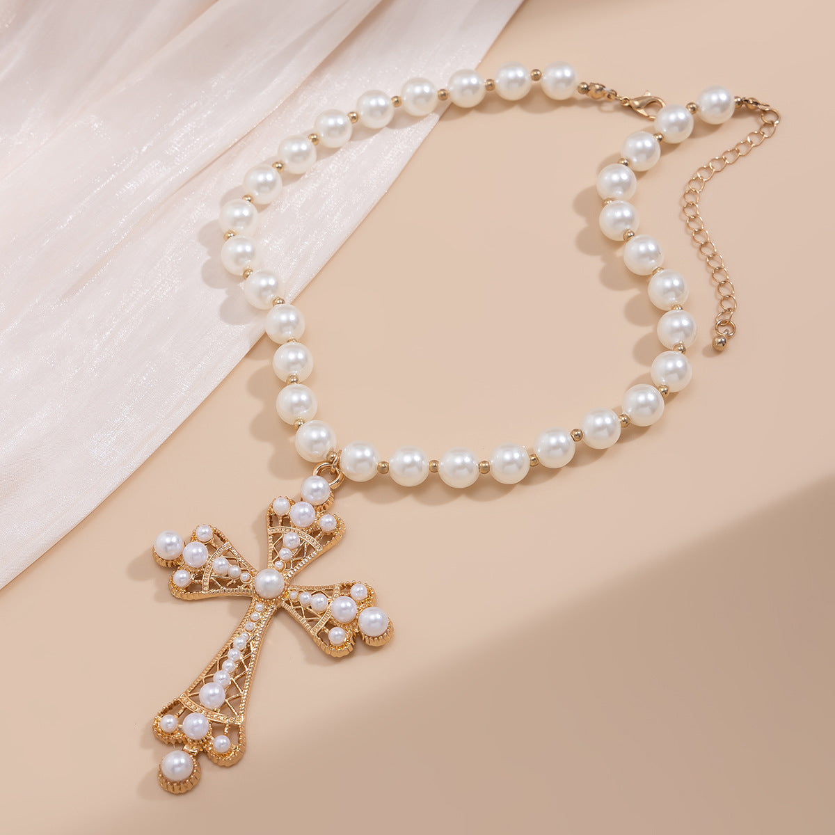 Fashionable multi-layer imitation pearl cross collar ins geometric alloy collarbone chain