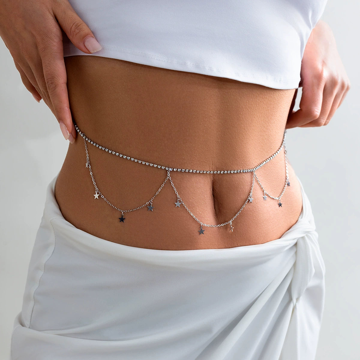 Minimally designed double layered snake bone chain, women's body chain, vacation style metal cross, tassel waist chain