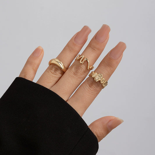 Geometric Metal Wind Lava Line Ring Set Irregular Smooth Surface Opening Texture Retro Rings