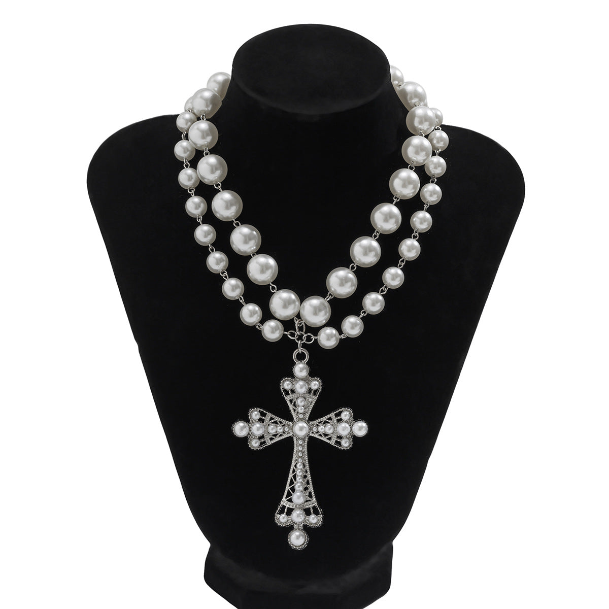 Fashionable multi-layer imitation pearl cross collar ins geometric alloy collarbone chain