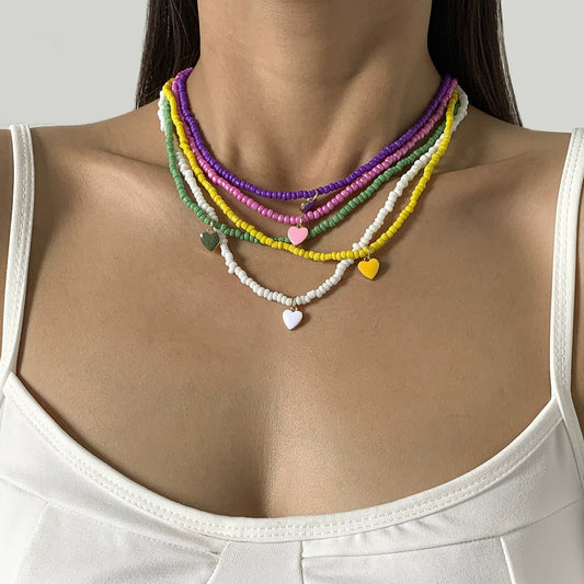 Dripping Oil Peach Heart Simple Rice Bead Handmade Necklace Geometric Stacked Bead Necklace
