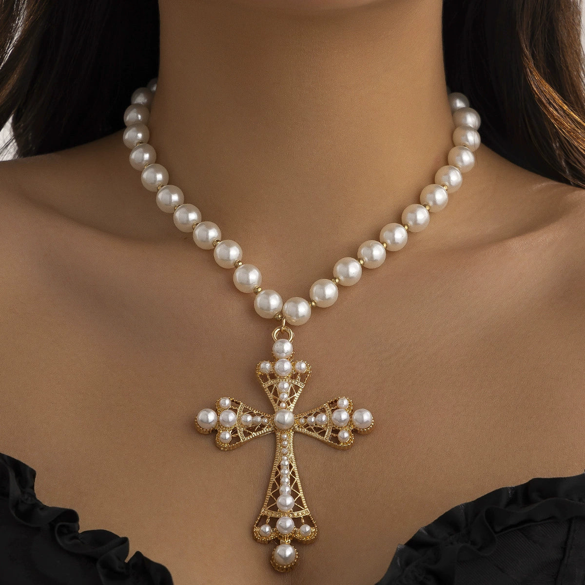 Fashionable multi-layer imitation pearl cross collar ins geometric alloy collarbone chain