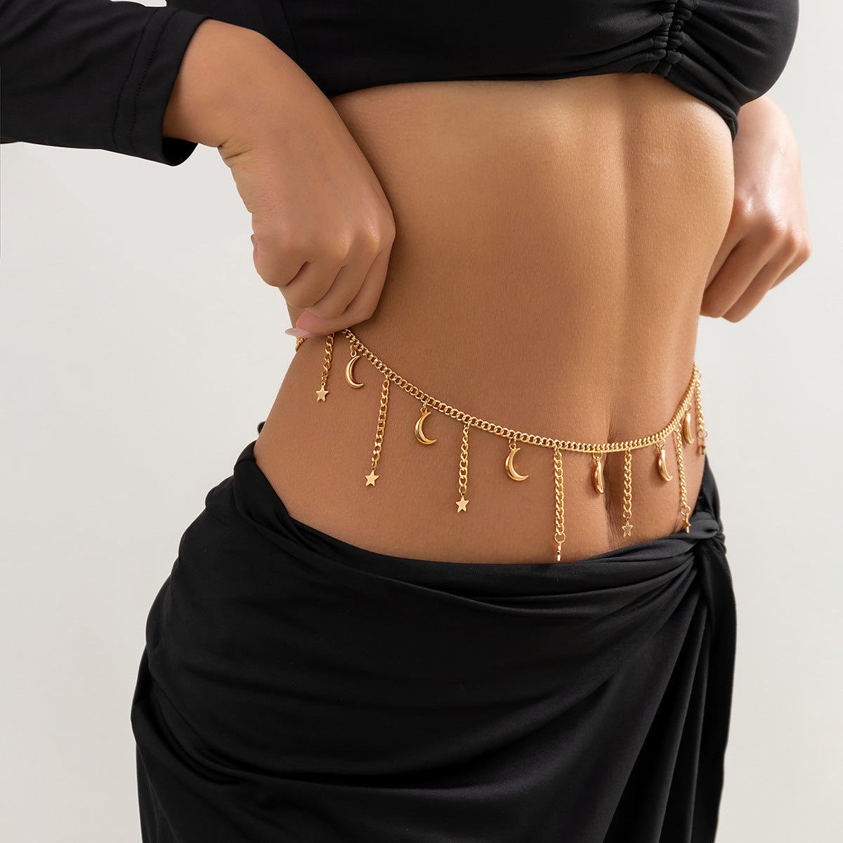 Minimally designed double layered snake bone chain, women's body chain, vacation style metal cross, tassel waist chain
