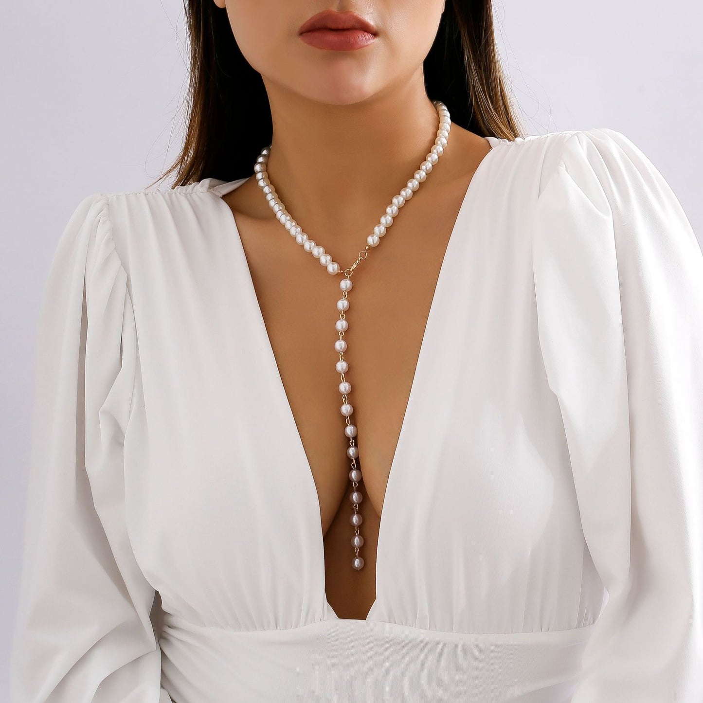 Retro round bead chain bead necklace, simple imitation pearl tassel long style, niche necklace