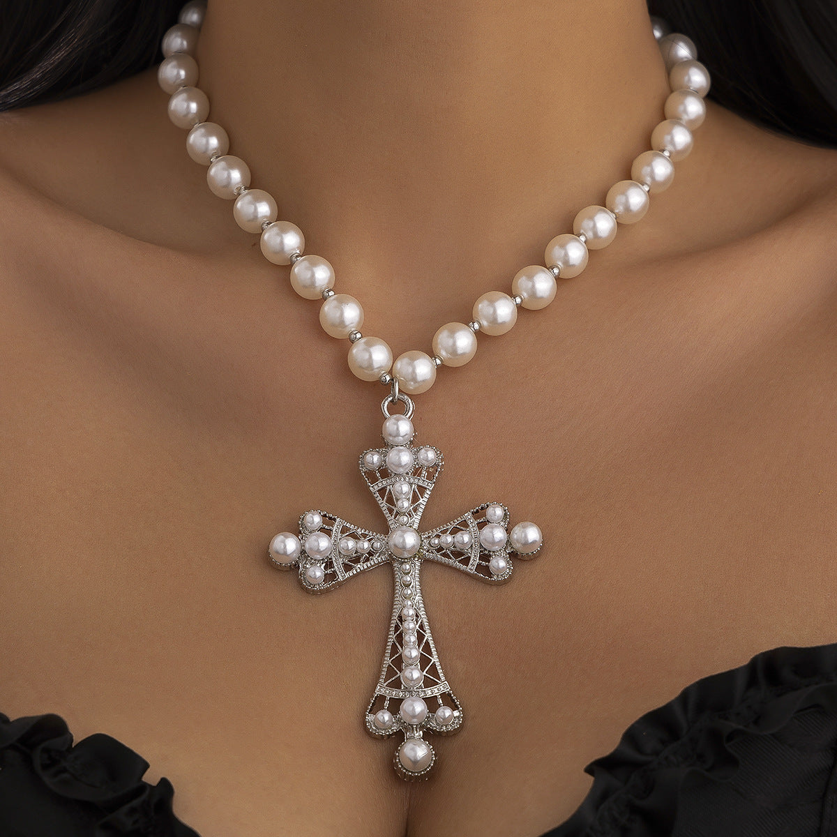Fashionable multi-layer imitation pearl cross collar ins geometric alloy collarbone chain