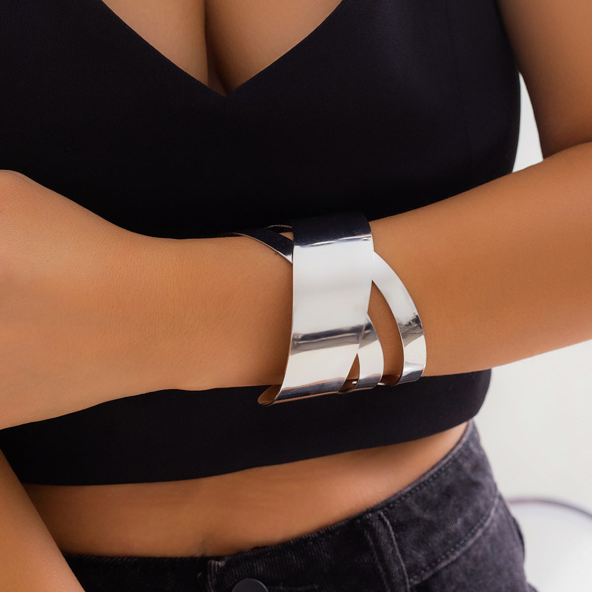 "Minimalist Geometric Silver Bracelet for Women - Modern Patchwork Cuff Bangle - Stackable Edgy Jewelry - Trendy Arm Candy for Casual Outfits - Goes with Black Tops & Denim"