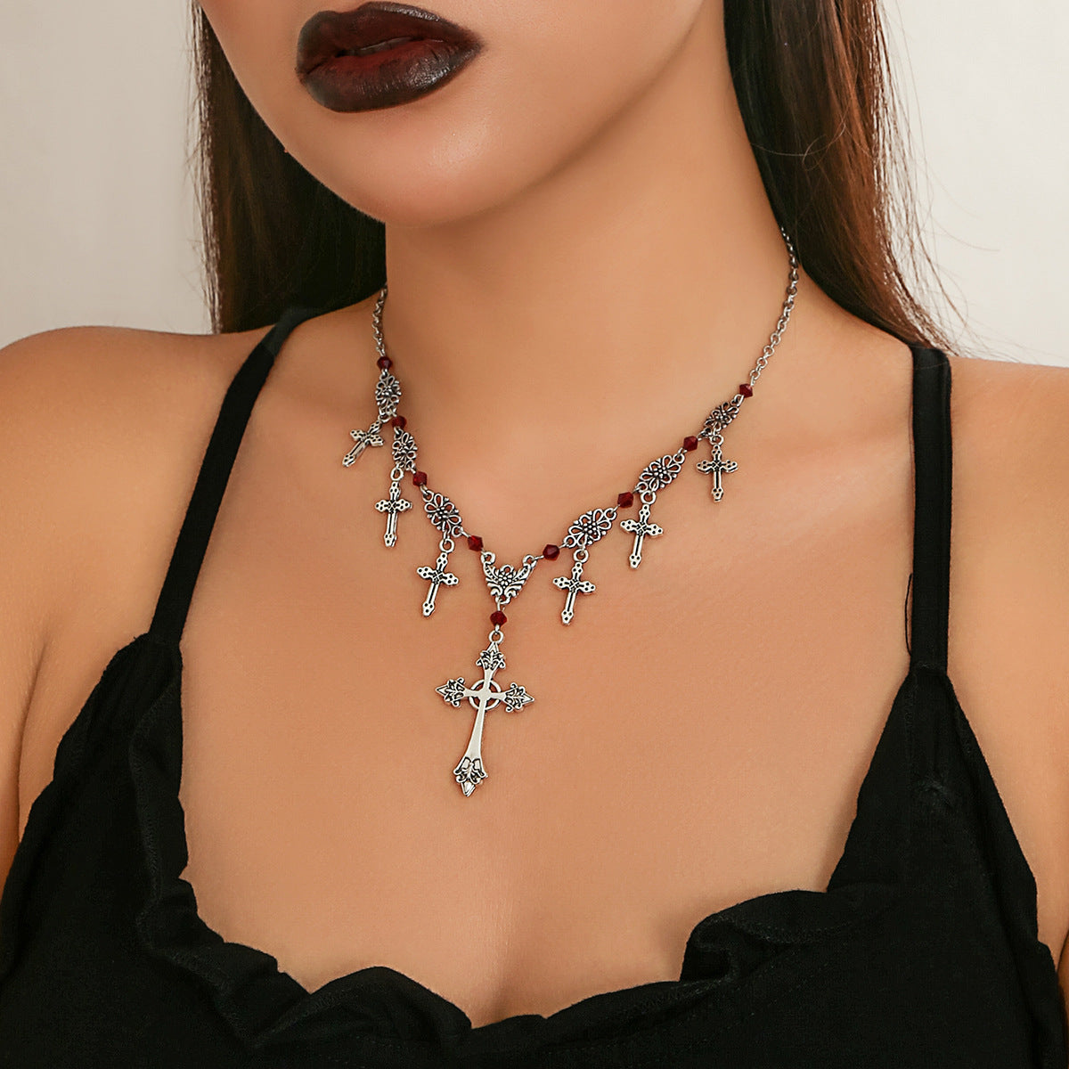 Hip hop necklace, cross pendant, dark collarbone chain, gothic style, sweet and cool necklace, niche