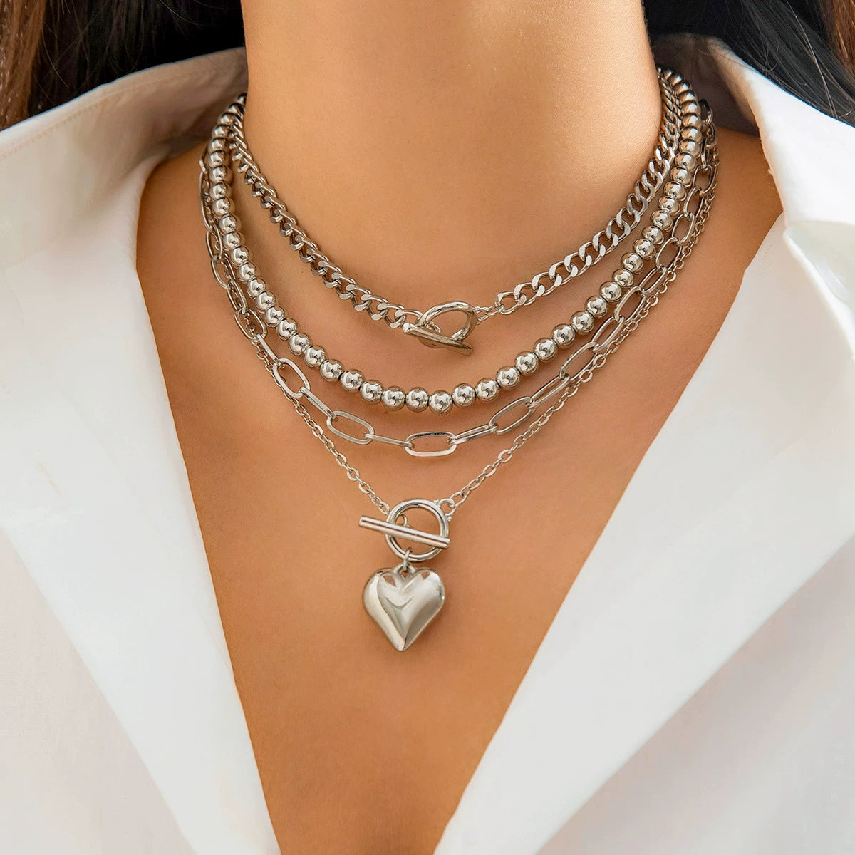 Hip hop minimalist bead set necklace women's versatile geometric OT buckle short multilayer necklace accessory