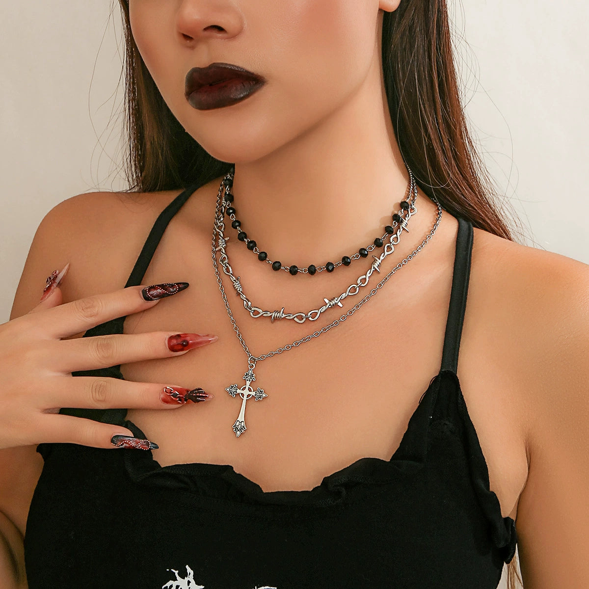 Hip hop necklace, cross pendant, dark collarbone chain, gothic style, sweet and cool necklace, niche