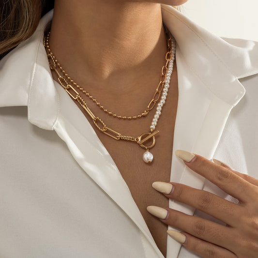 Retro pearl patchwork simple necklace with female creative temperament, round bead chain layered necklace decoration
