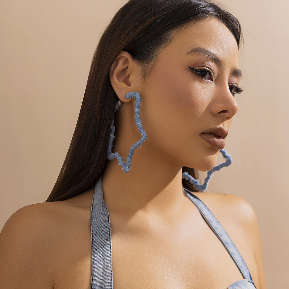 Small and niche design, sweet and cool geometric ring earrings, French temperament, simple denim earrings