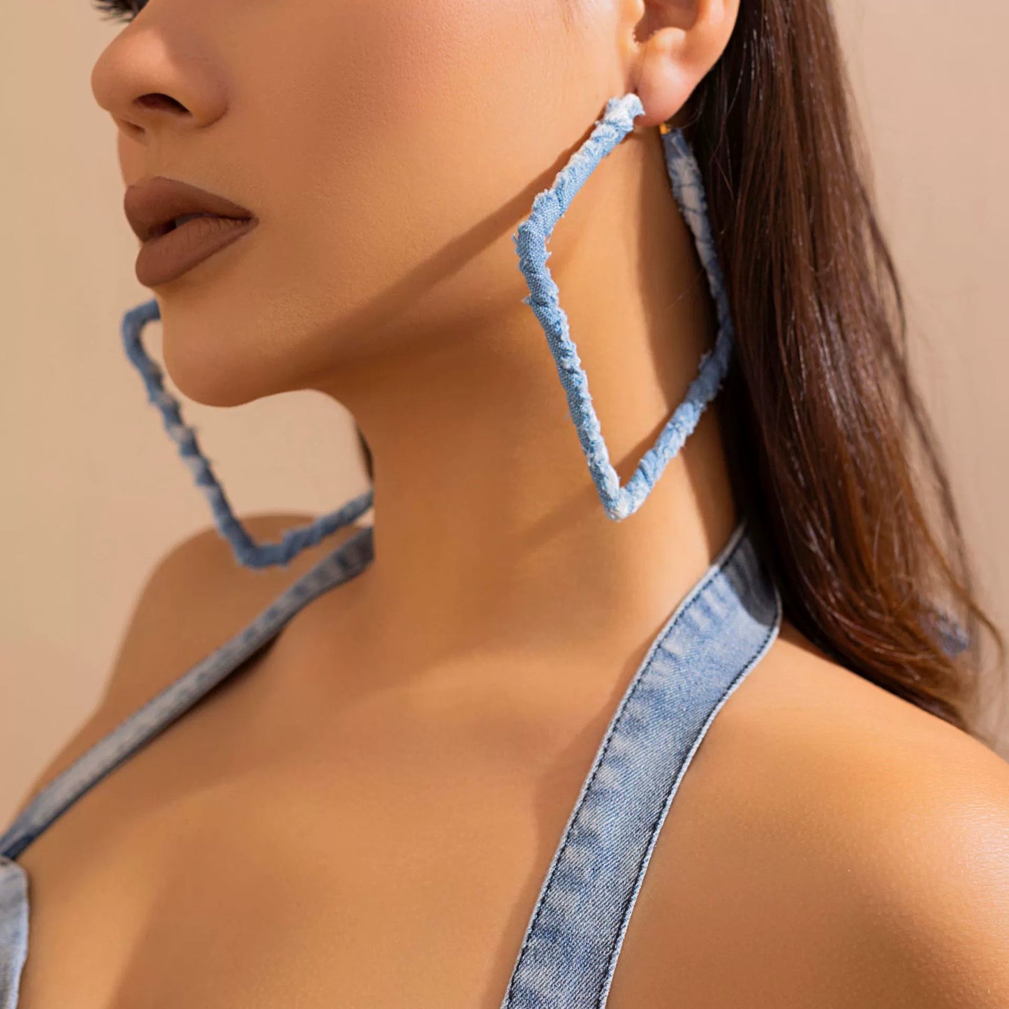 Small niche design, sweet cool geometric  Denim ring earrings, French temperament, simple denim earrings