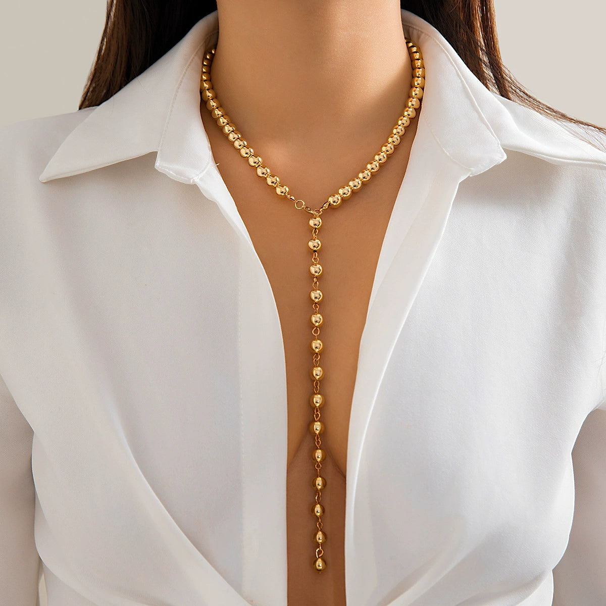 Retro round bead chain bead necklace, simple imitation pearl tassel long style, niche necklace