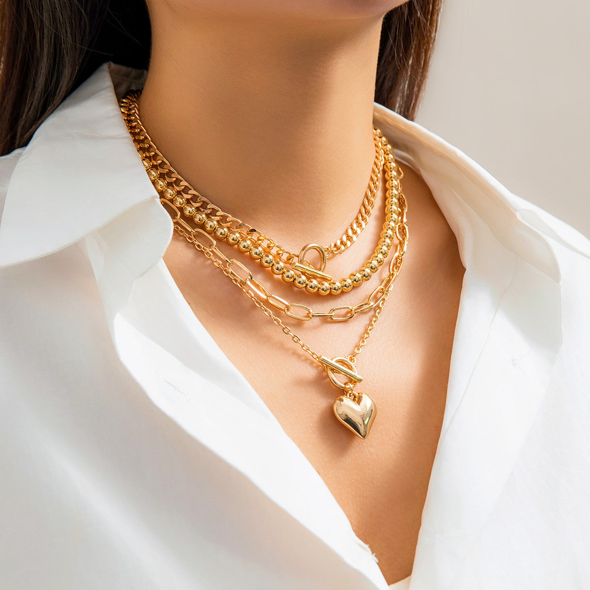 Hip hop minimalist bead set necklace women's versatile geometric OT buckle short multilayer necklace accessory
