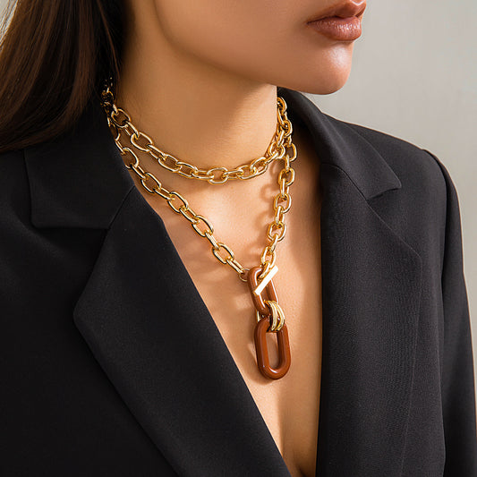 Trendy and personalized aluminum chain multi-layer necklace, fashionable geometric metal buckle, collarbone necklace, women's accessories