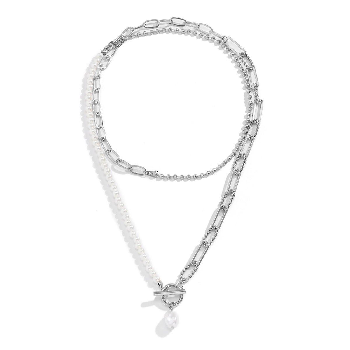 Retro pearl patchwork simple necklace with female creative temperament, round bead chain layered necklace decoration