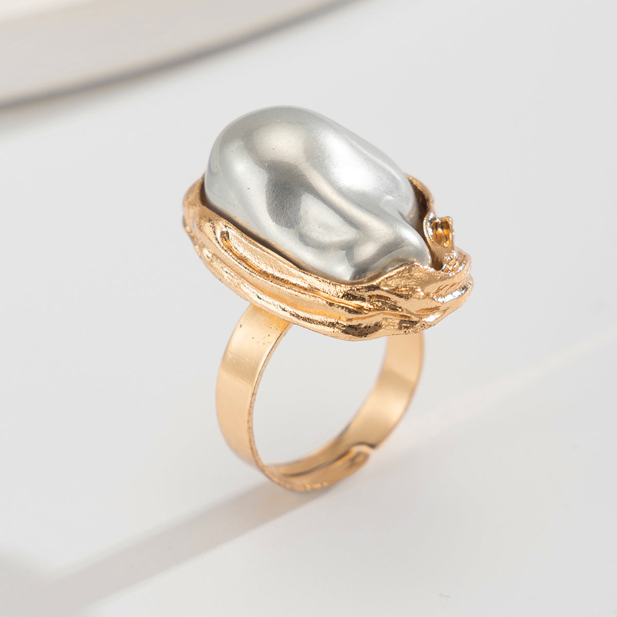 14K Gold Baroque Pearl Ring for Women – Unique Irregular adjustable Natural Pearl Statement Jewelry with Textured Band, Elegant Dainty Stackable Ring