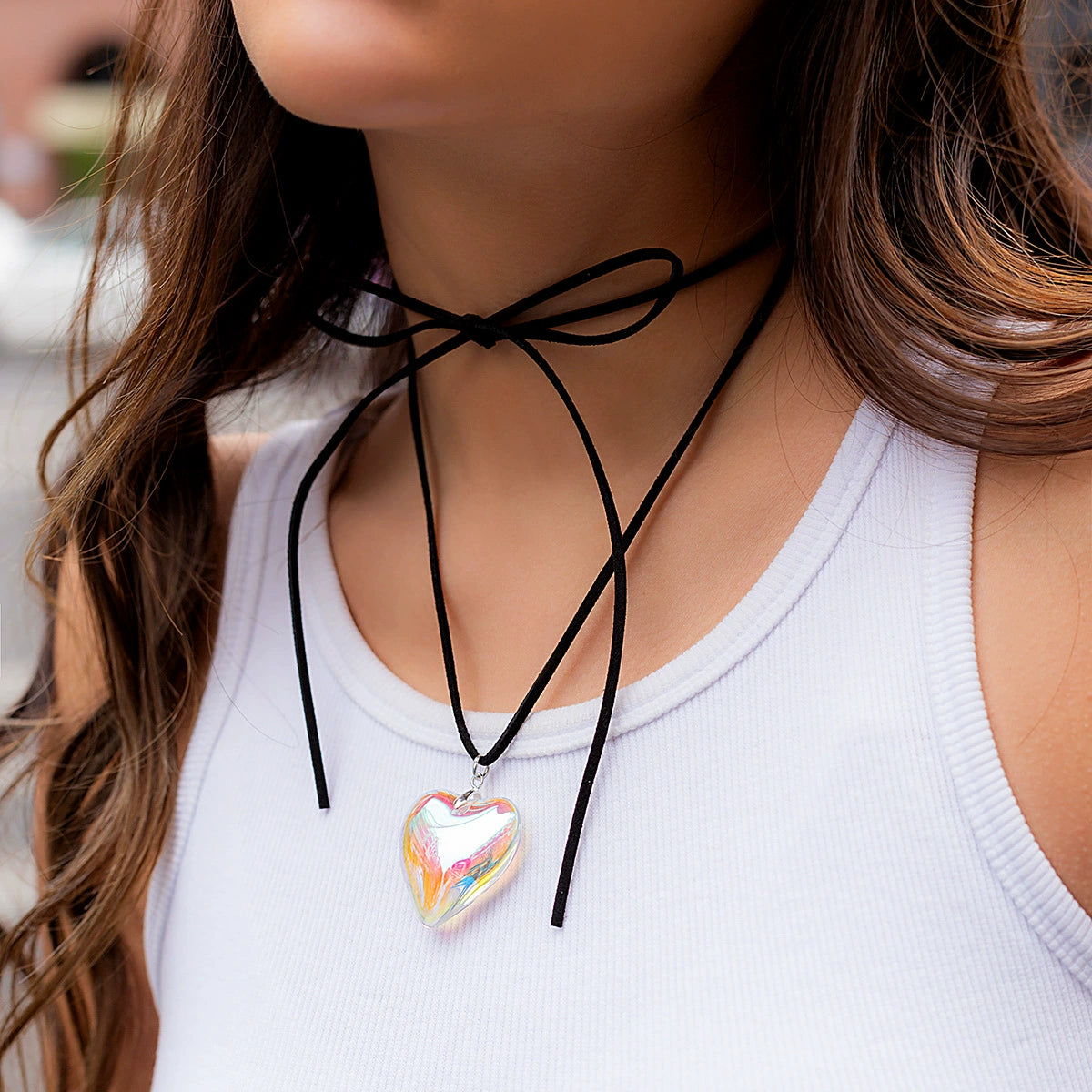 Adjustable wax thread choker necklace with simple alloy heart pendant and adjustable drawstring