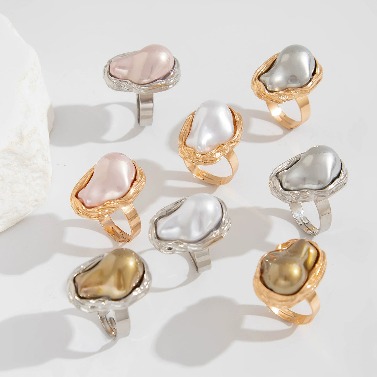 14K Gold Baroque Pearl Ring for Women – Unique Irregular adjustable Natural Pearl Statement Jewelry with Textured Band, Elegant Dainty Stackable Ring