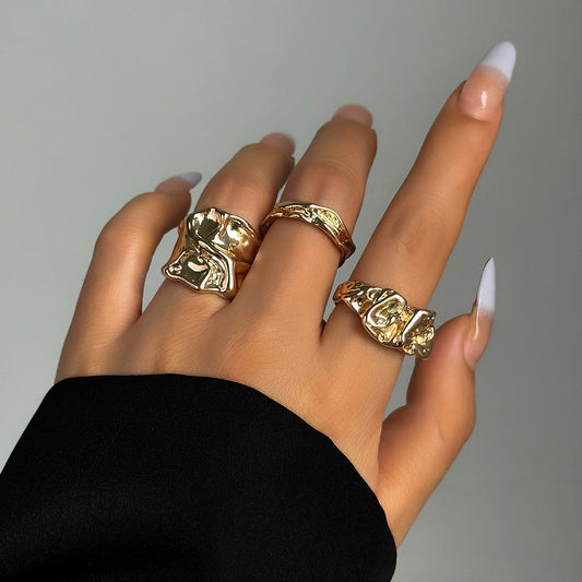 Design inspired liquid irregular lava ring set, fashionable and niche texture, pleated and open ring for women