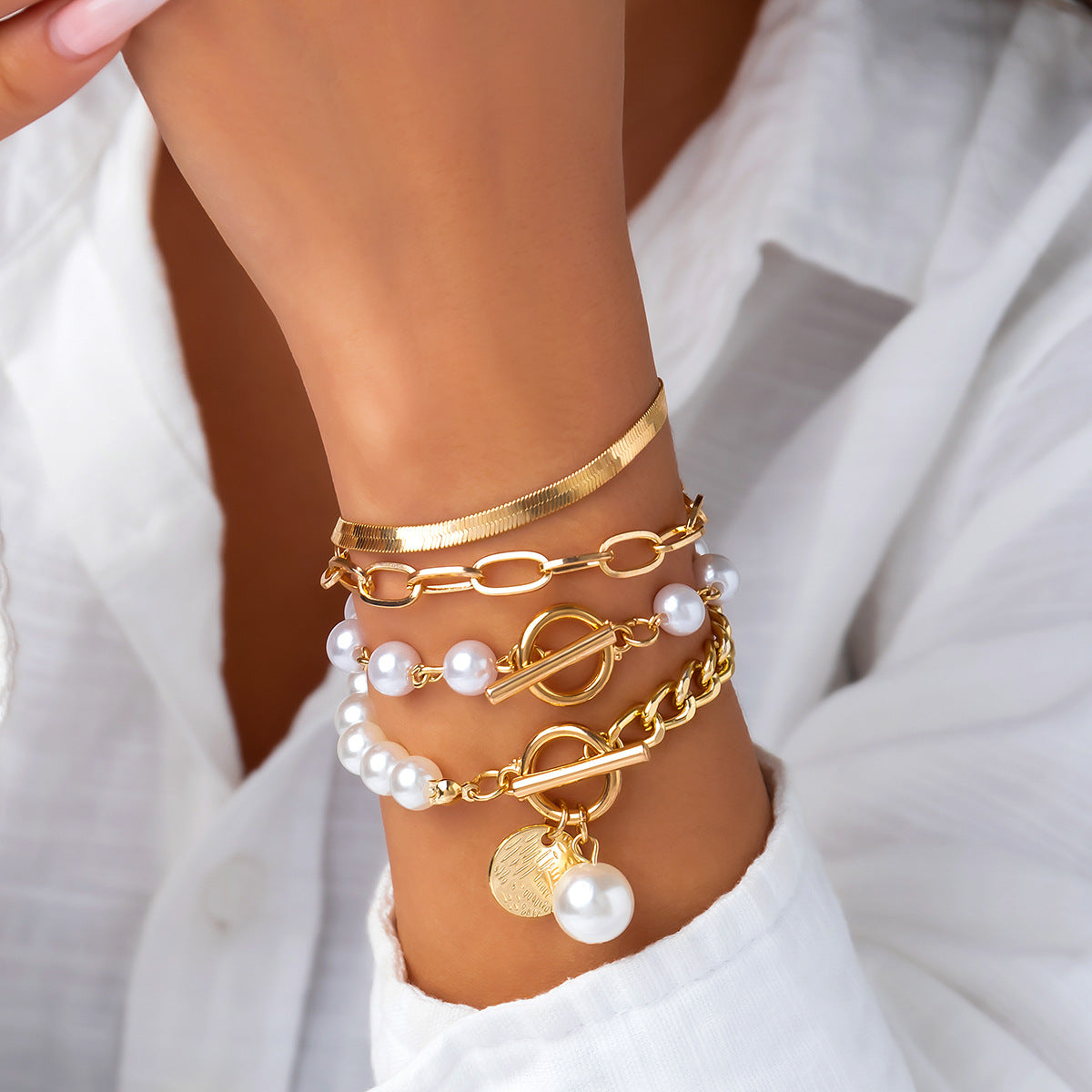 Exaggerated pearl temperament adjustable choker versatile collarbone chain multi-layer bead bracelet set for women