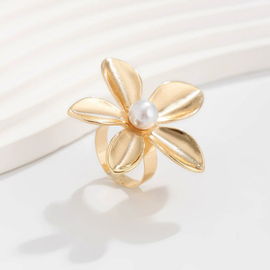 Simple Irregular Water Drop Open Ring Fashion Texture Flower Pearl Ring