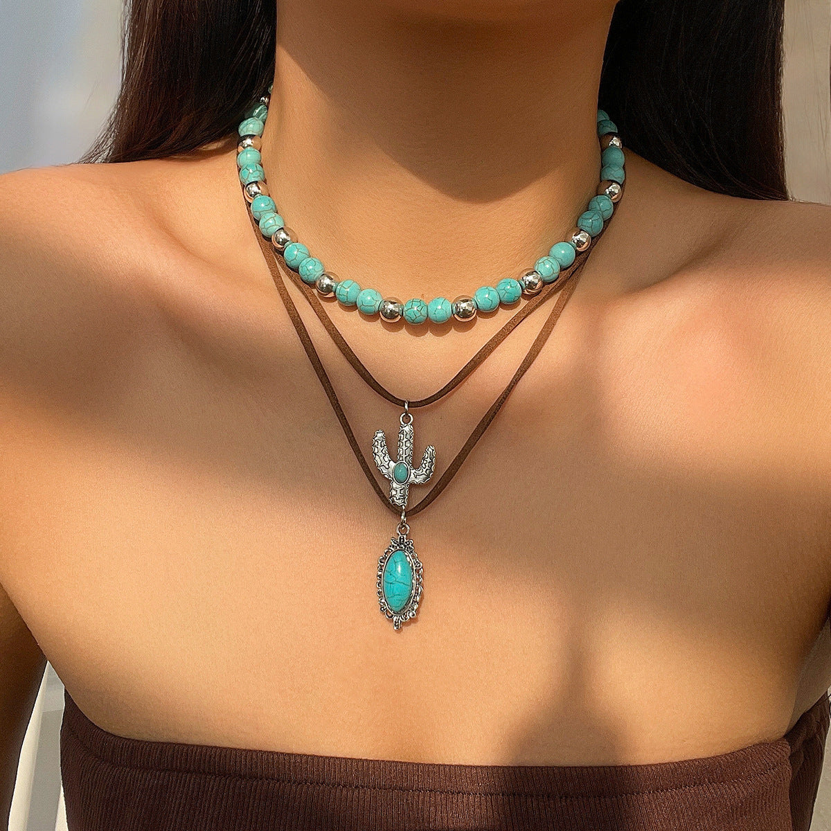 Vintage natural  turquoise collarbone mutlielayer chain niche bead necklace set ethnic style cactus necklace