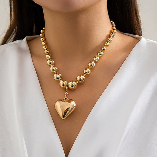 Exaggerated circular punk heart-shape choker necklace for women, hot-selling geometric bead necklace, cross-border jewelry .