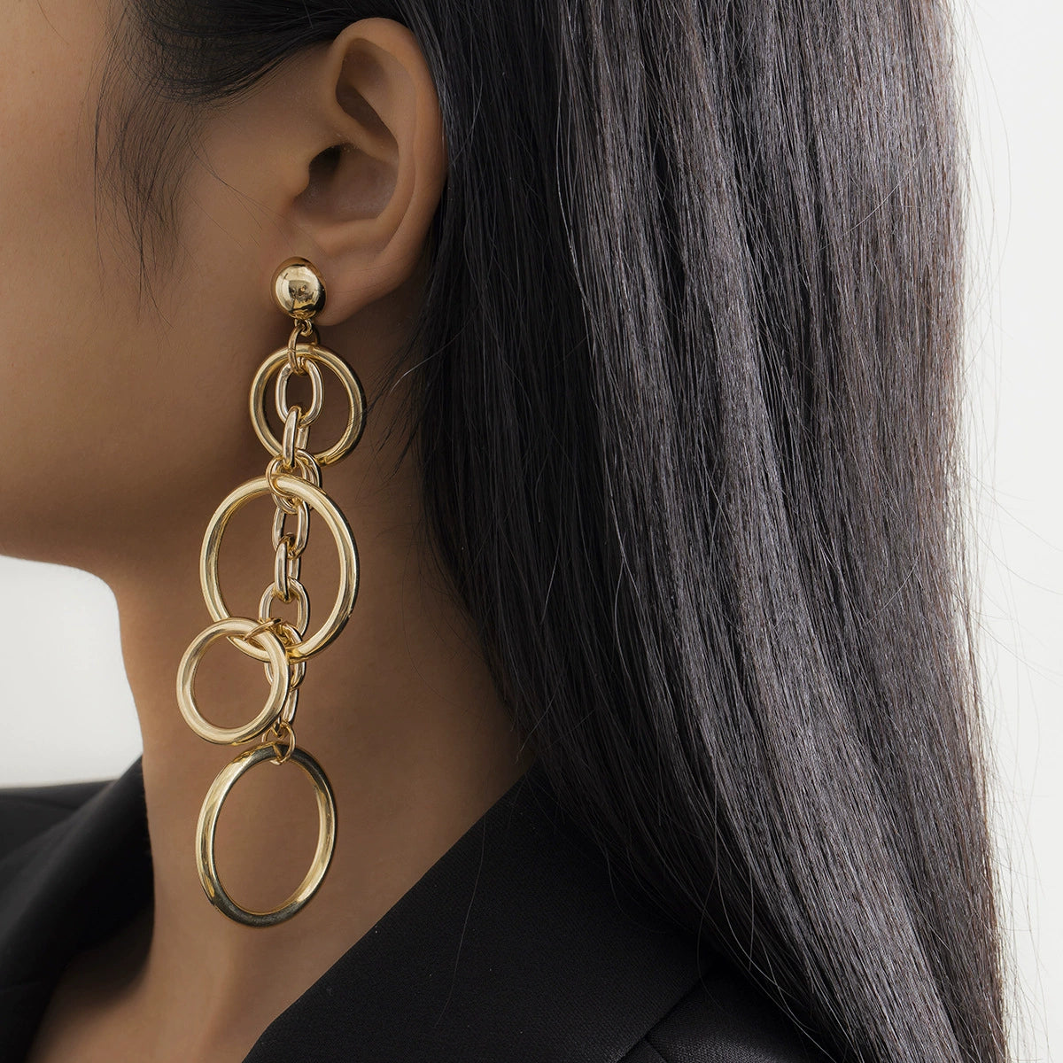 Minimally designed long circular tassel earrings with punk metal chain hollow earrings for women's cross-border European and American jewelry