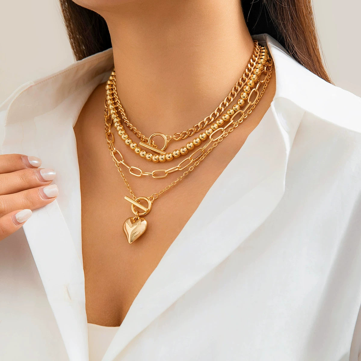 Hip hop minimalist bead set necklace women's versatile geometric OT buckle short multilayer necklace accessory