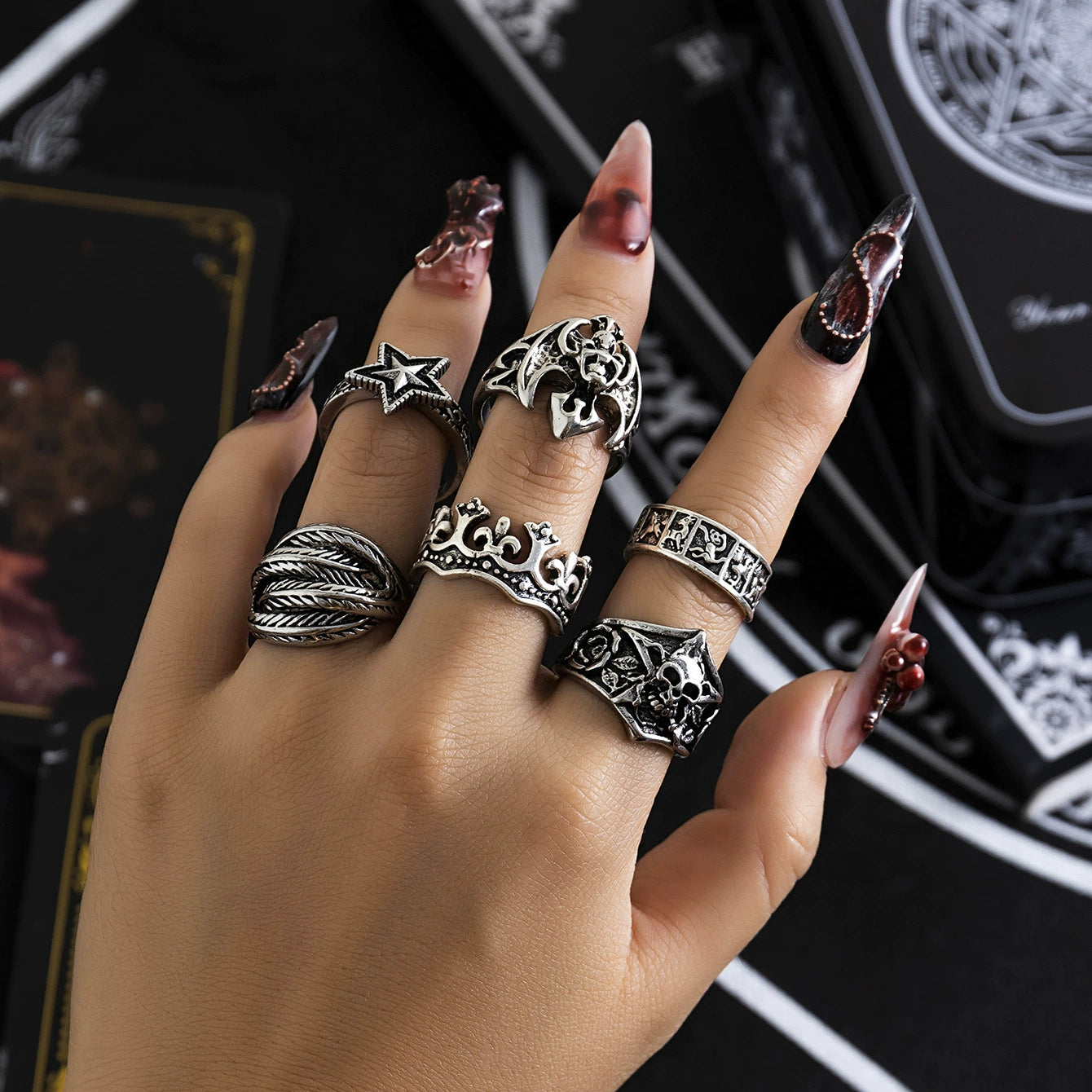 Dark punk retro joint Gothic style ring set ring, hip-hop carved bat couple ring accessory