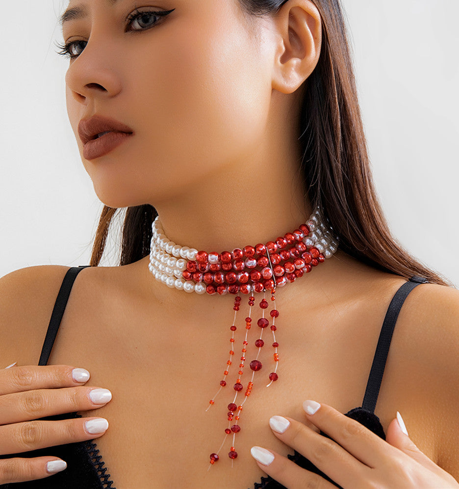 Sweet and Cool Gothic Blood Drop Tassel Collar Necklace Halloween Personalized Bead Choker