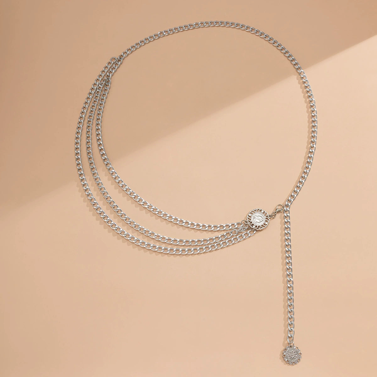 Alloy multi-layer exaggerated body chain, female queen portrait, retro street photoshoot, waist chain