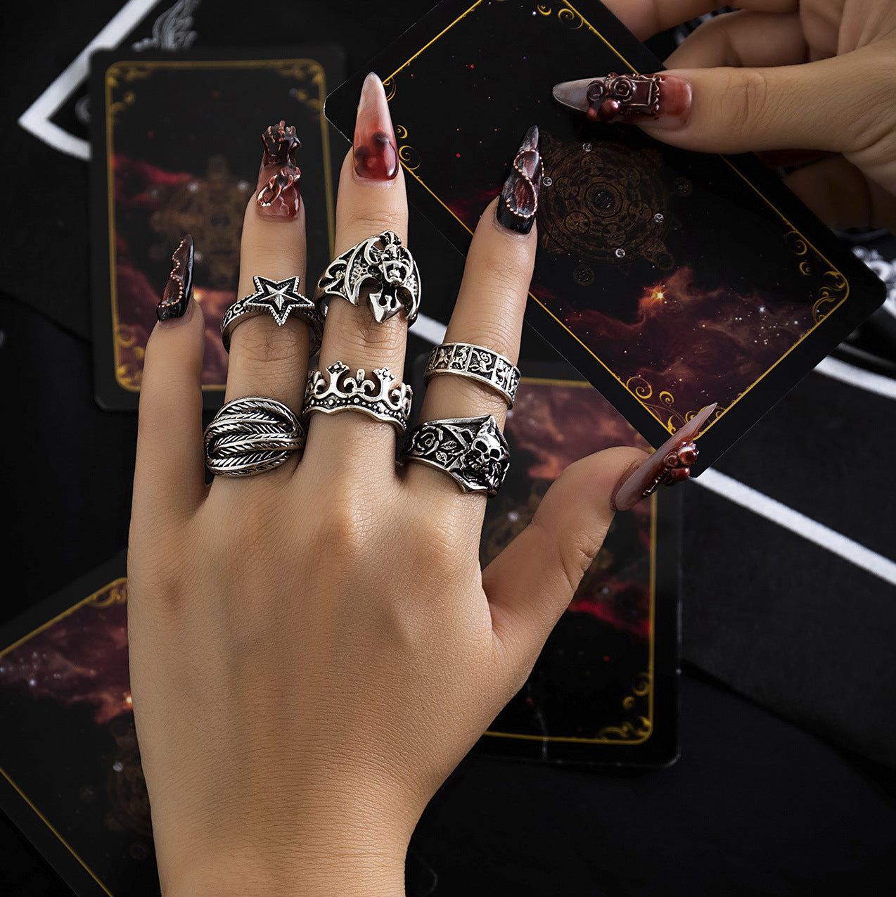 Dark punk retro joint Gothic style ring set ring, hip-hop carved bat couple ring accessory